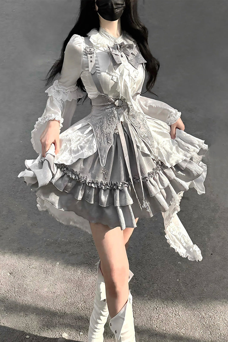 White/Silver [The Silver Key] Long Sleeves Ruffled Embroidered Open-Front Bow Gothic Lolita Skirt Set - White/Silver(Set) - 1