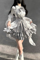 White/Silver [The Silver Key] Long Sleeves Ruffled Embroidered Open-Front Bow Gothic Lolita Skirt Set - White/Silver(Set) - 1