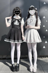 [Pearl Letter] Lapel Collar Short Sleeves Ruffled Bow Lace Jirai Kei Japanese Dress 2 Colors - Product - 11