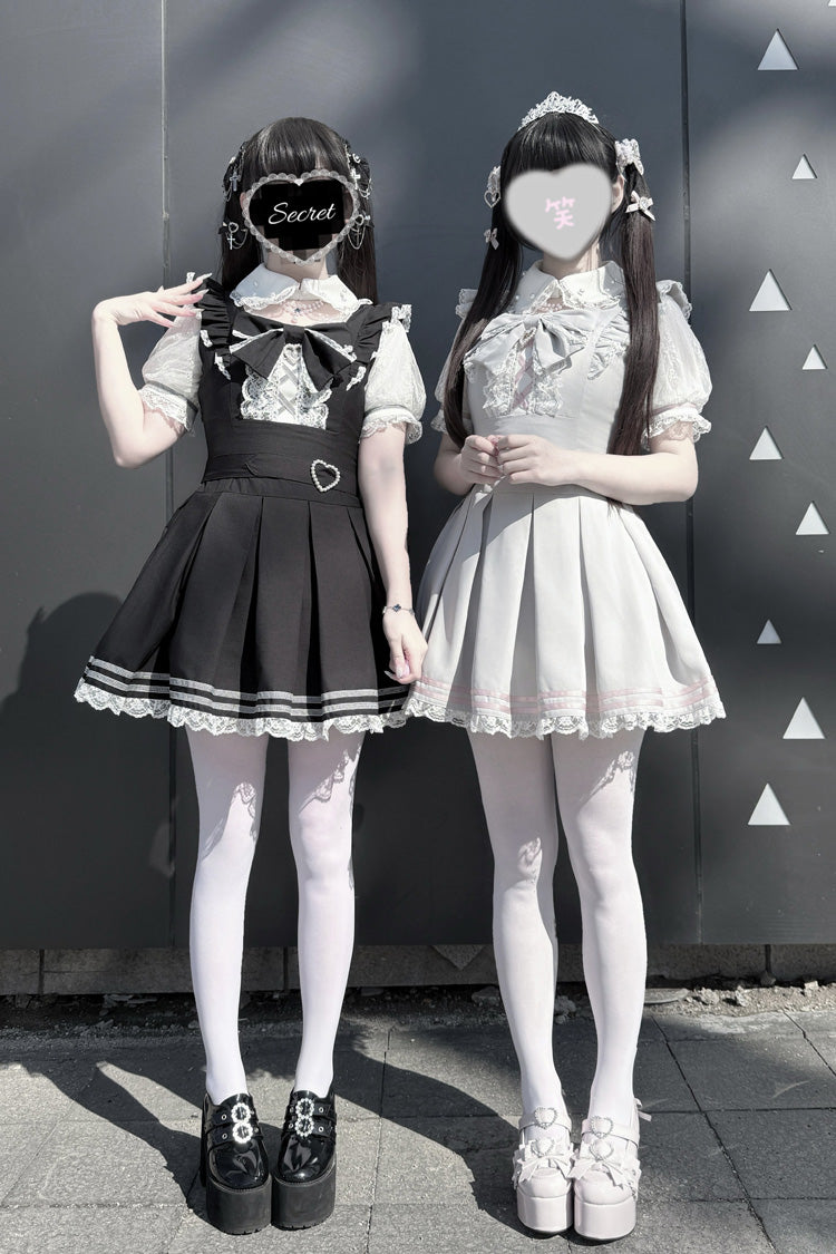 [Pearl Letter] Lapel Collar Short Sleeves Ruffled Bow Lace Jirai Kei Japanese Dress 2 Colors - Product - 11