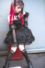 Dark Black Tube Top Sleeveless Blowknot Ruffled Gothic Lolita Tiered Dress - Product - 9