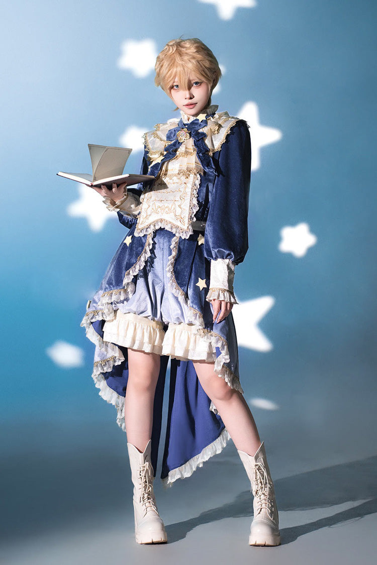 Blue Long Sleeves Ombre Ruffled Bow Ouji Gothic Lolita Swallowtail Dress Shorts Set - Product - 5