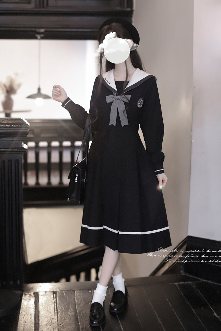 Black Navy Collar Long Sleeves Bowknot Sweet Japanese College Style Elegant Lolita Dress - Product - 7