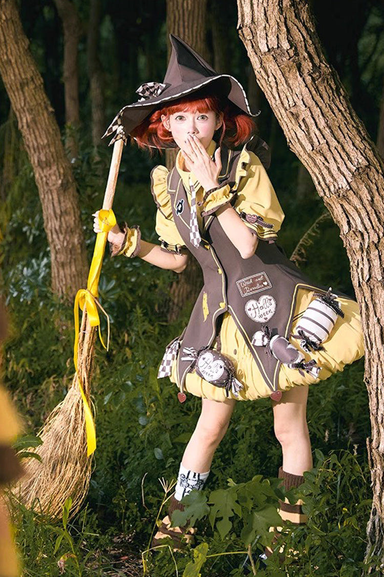 Brown/Yellow [Witch and Paradise] Short Sleeves Ruffle Bowknot Sweet Japanese Halloween Lolita Dress Vest Set - Product - 12