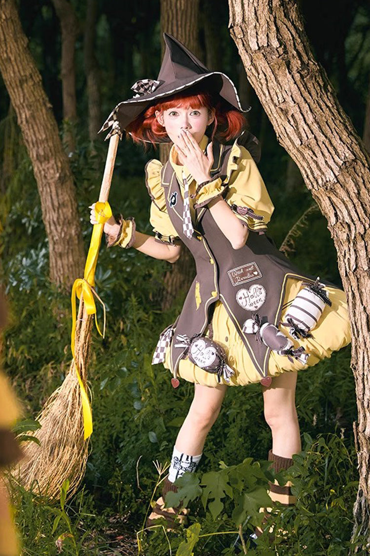 Brown/Yellow [Witch and Paradise] Short Sleeves Ruffle Bowknot Sweet Japanese Halloween Lolita Dress Vest Set - Product - 12