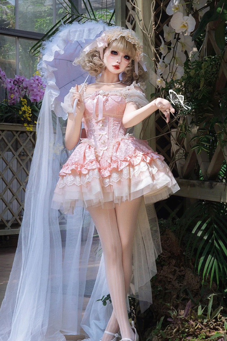 Pink [Fleeting Light and Shallow Dream] Sleeveless Multi-Layered Ruffle Bowknot Lace Slim Sweet Ballet Lolita Jsk Dress - Product - 4