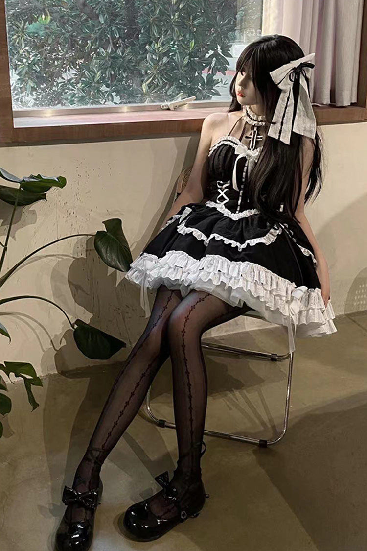 Black Cross Halterneck Ruffle Bowknot Lace Lace-Up Princess Gothic Lolita Dress - Product - 3