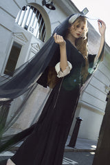 Black [Halloween Night Temple Nun] Short Sleeves Print Ruffle Gothic Elegant Lolita Dress - Product - 8