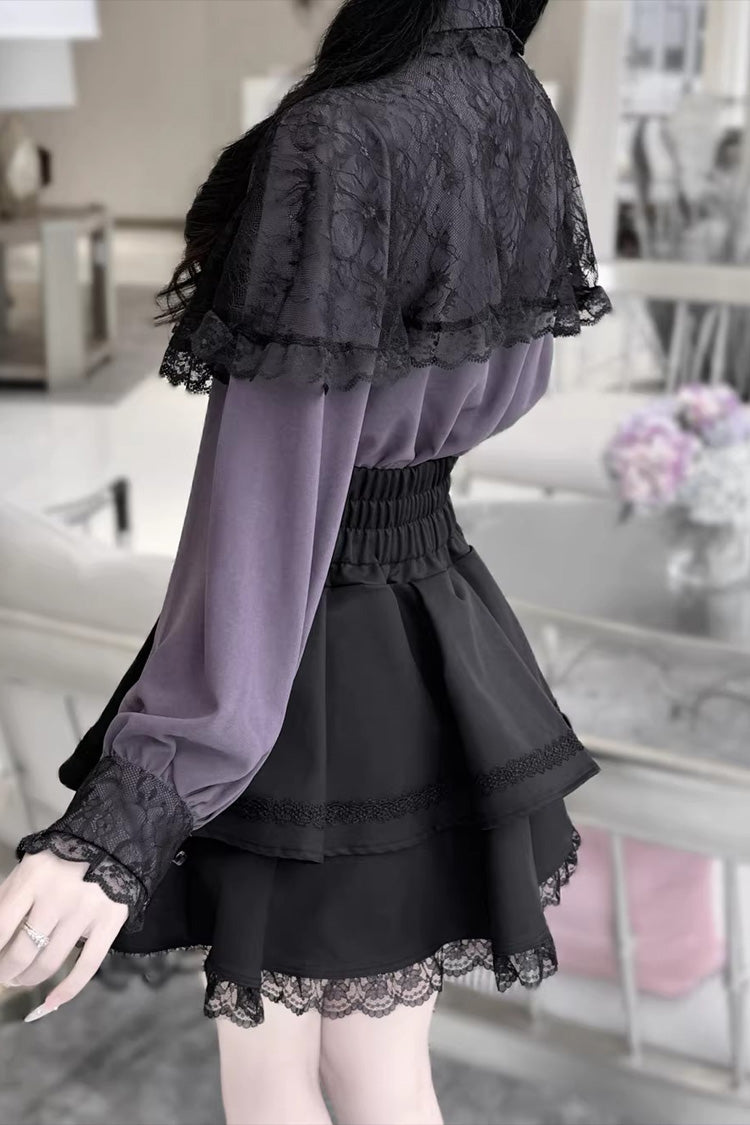 [Dark Moon Shadow] Long Sleeves Double-Layered Ruffled Embroidered Bow Lace-Up Gothic Jirai Kei Lolita Top + Skirt Set - Product - 3