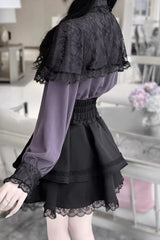[Dark Moon Shadow] Long Sleeves Double-Layered Ruffled Embroidered Bow Lace-Up Gothic Jirai Kei Lolita Top + Skirt Set - Product - 3