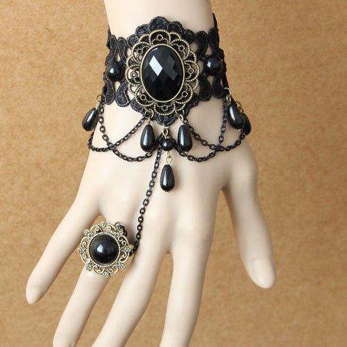 Black Retro Fashion Female Lace Gothic Lolita Ring Bracelet - Black - 1