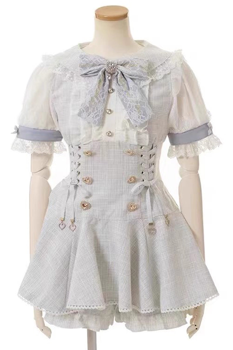 Japanese Lace Sweet Jirai Kei Dress Blouse Shorts Set 2 Colors - Blue - 5