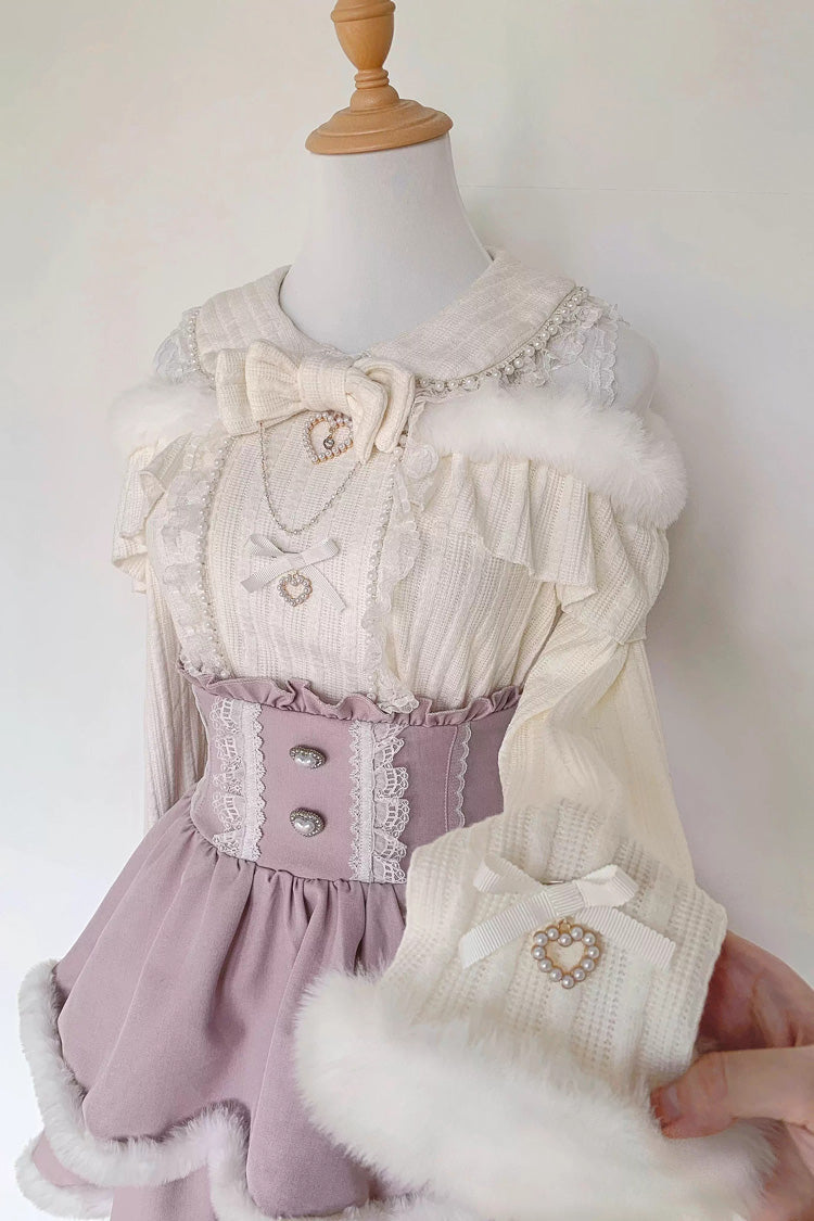 Jirai Kei Off Shoulder Long Sleeves Bow Lace Pearl-Decorated Sweet Knitwear 2 Colors - Beige - 2