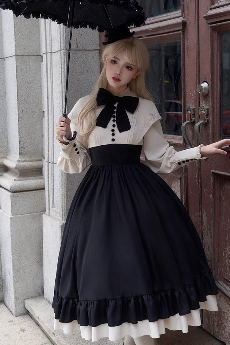 Rose Embroidery Long Sleeves Ruffle Bowknot Fake Two Pieces Elegant Lolita Dress 2 Colors - Product - 7