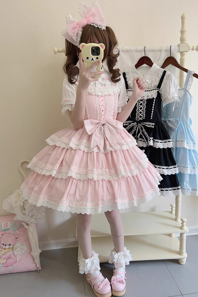 Pink [Maiden Heart] Triple-Layered Ruffle Bowknot Lace Sweet Lolita Jsk Dress - Product - 5