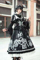 Black [Feast of Bones] Print Ruffle Bowknot Lace Gothic Elegant Lolita Long Dress - Product - 3