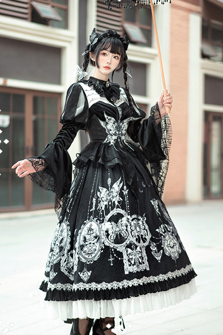 Black [Feast of Bones] Print Ruffle Bowknot Lace Gothic Elegant Lolita Long Dress - Product - 3