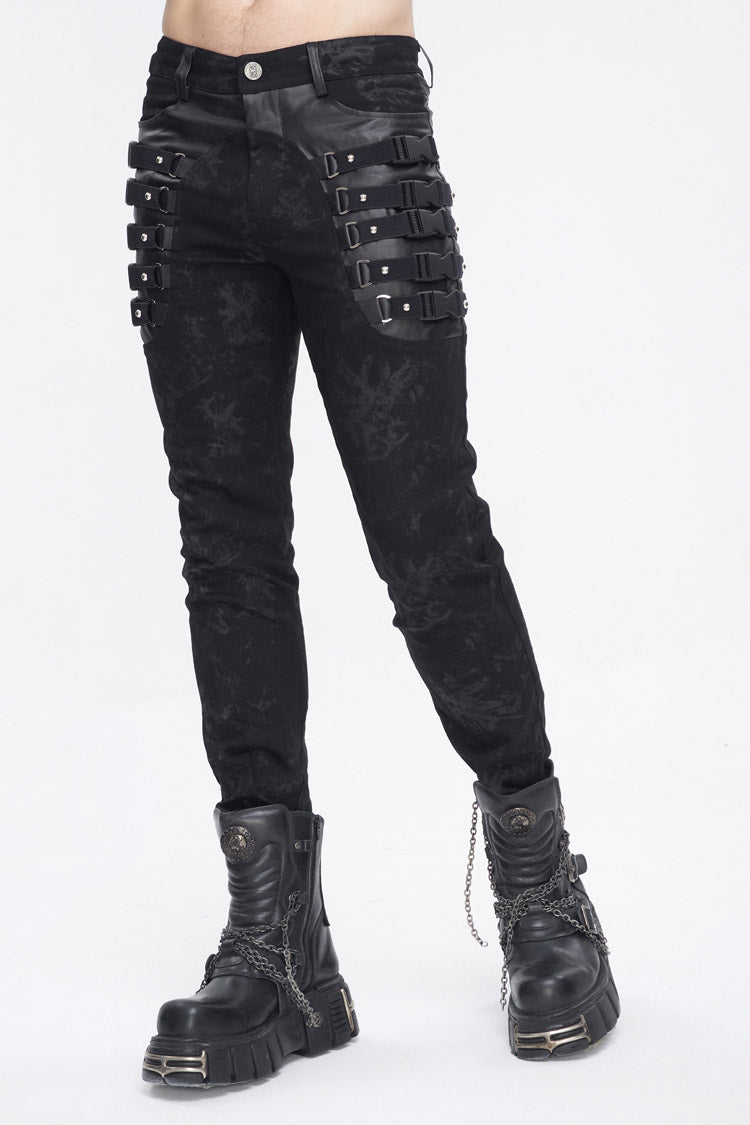 Black Multi Buckle Distressed  Print Men's Punk Pants - Product - 2