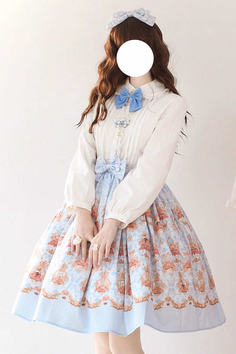 Blue [Rose Garden Rabbit] Print Ruffle Bowknot Sweet Lolita Dress - Blue - 2