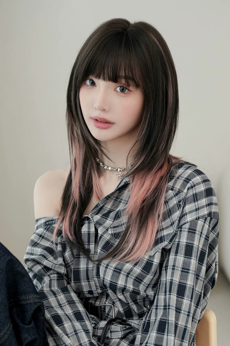 Black/Pink Ombre Fluffy High-Layered Long Straight Wig with Air Bangs - Product - 7
