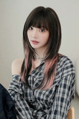 Black/Pink Ombre Fluffy High-Layered Long Straight Wig with Air Bangs - Product - 7