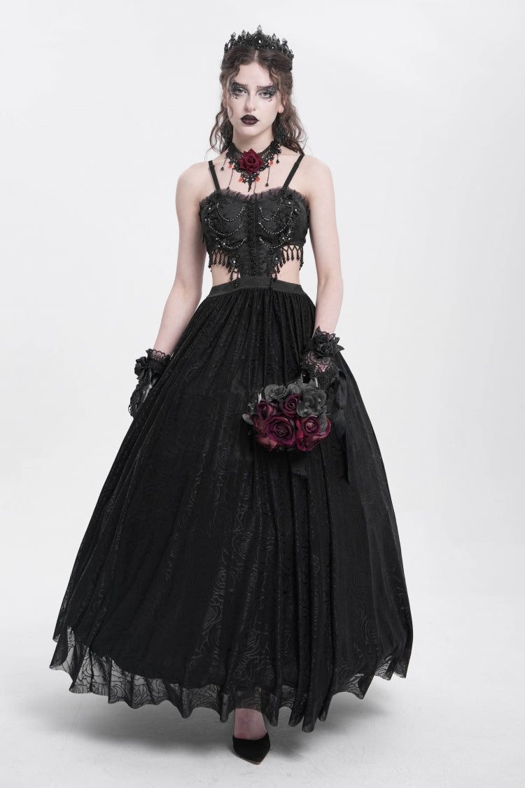 Black Jacquard Floral Embroidery Lace Ripped Women's Gothic Party Slip Dress - Product - 10