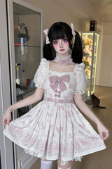 Pink [Teddy Bear Party] Square Collar Short Sleeves Printed Ruffled Bow Lace Sweet Jirai Kei Japanese Dress - Product - 6