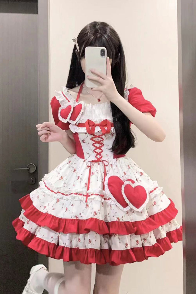 Red Double-Layered Floral Print Ruffle Bowknot Sweet Lolita Dress - Product - 7