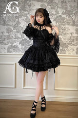 Dark Black Tube Top Sleeveless Blowknot Ruffled Gothic Lolita Tiered Dress - Product - 4