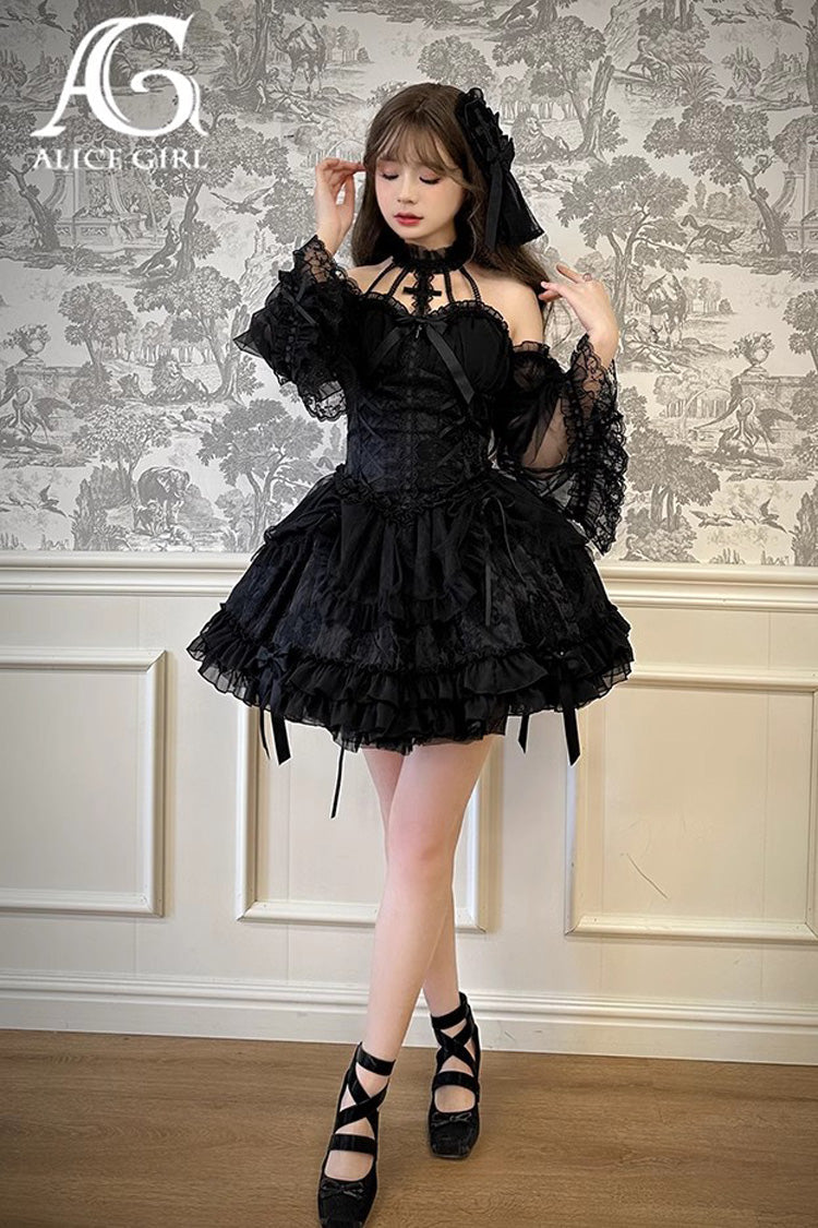 Dark Black Tube Top Sleeveless Blowknot Ruffled Gothic Lolita Tiered Dress - Product - 4
