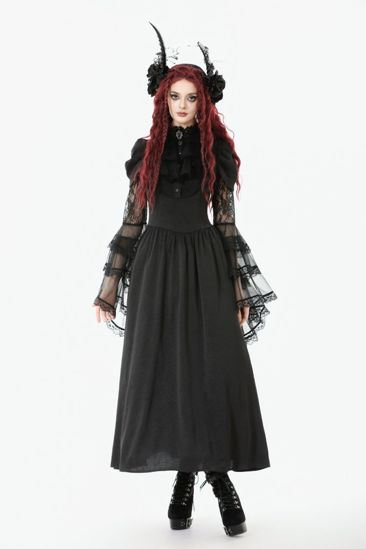 Black Stand Collar Trumpet Sleeves Multi-Layered Ruffled Lace Lace-Up Women's Gothic Wedding Dress - Product - 7