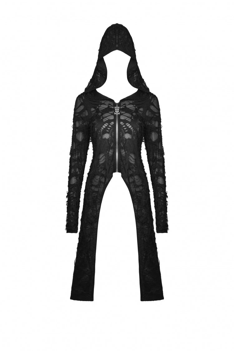 ブラック 長袖 スプリット ダメージ加工 ジッパー付き レディース パンク ロングコート フード付き 商品画像