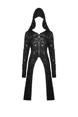 Black Long Sleeves Split Ripped Zippered Women's Punk Long Coat with Hood - Product - 3