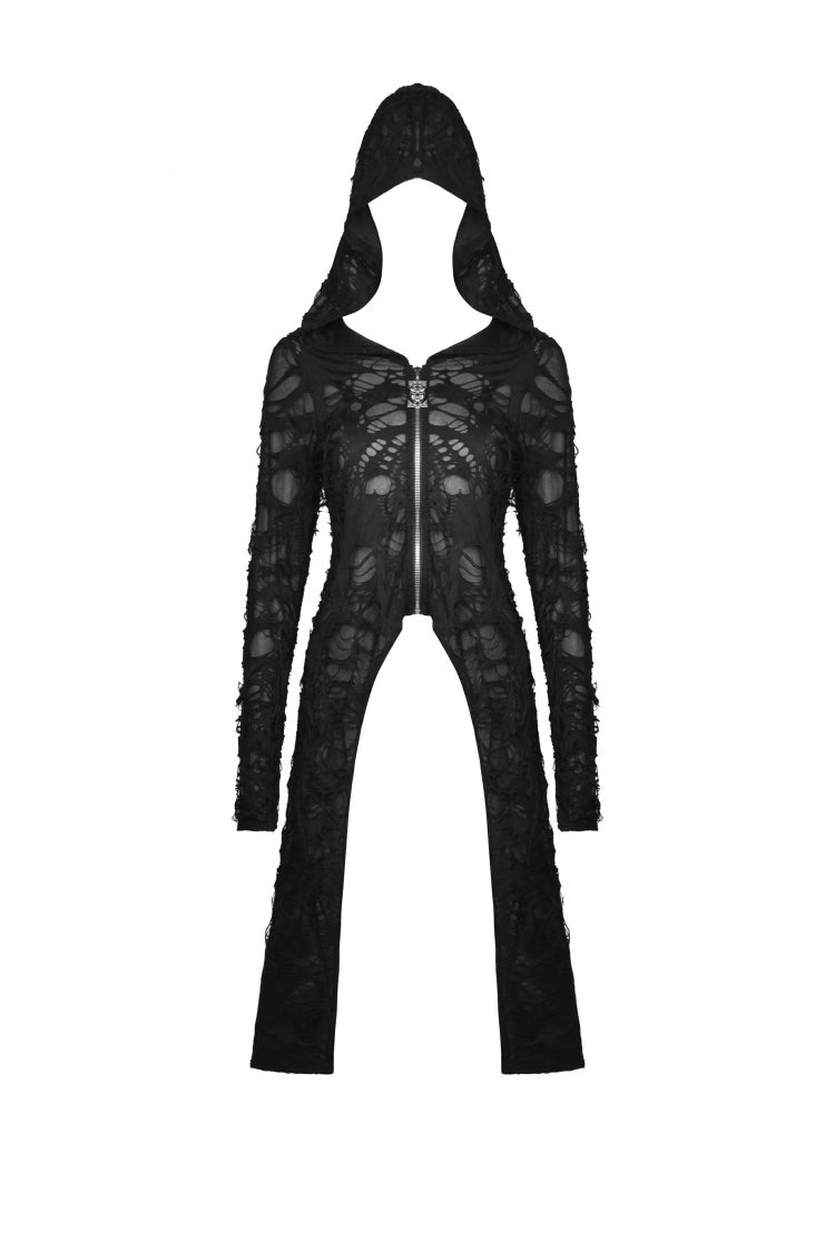 Black Long Sleeves Split Ripped Zippered Women's Punk Long Coat with Hood - Product - 3