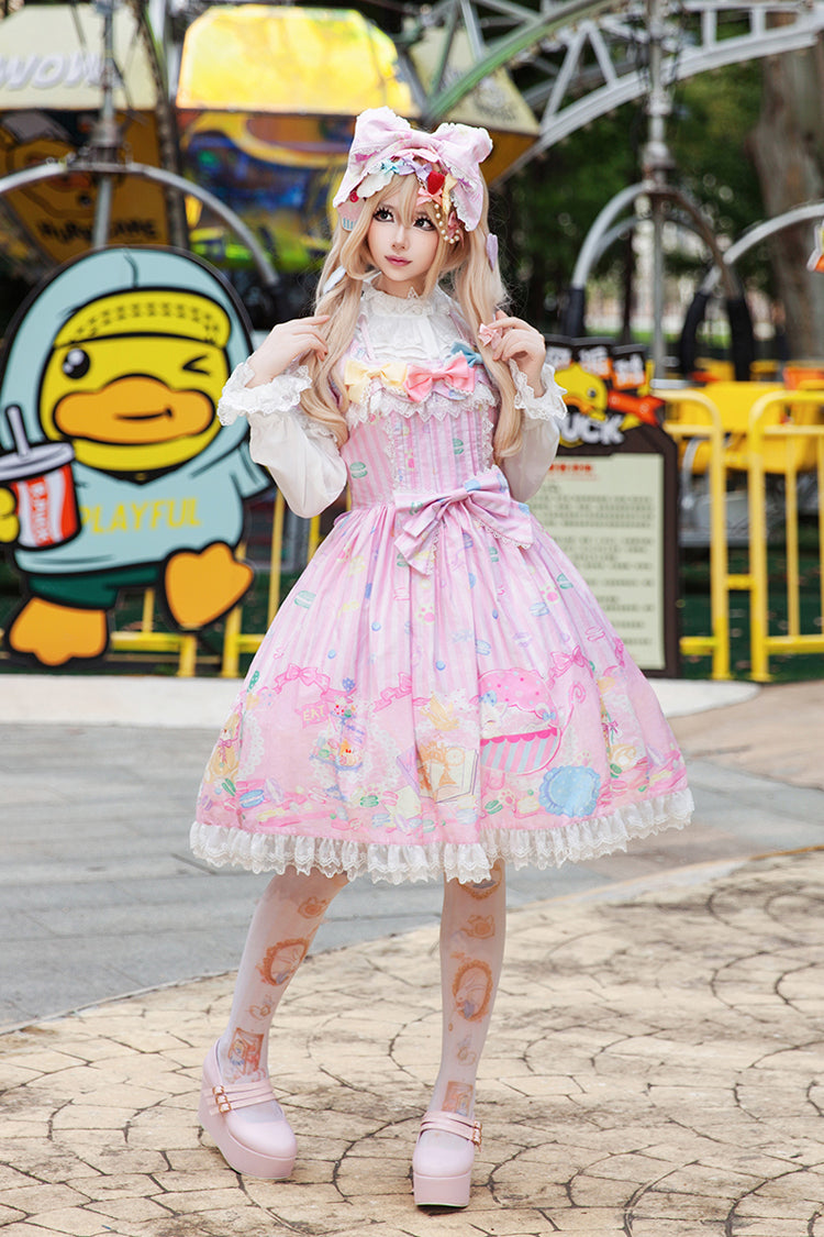 [Macaron Dolly House] Doll Collar Short Sleeves Print Bowknot Sweet Lolita Dress 3 Colors - Product - 7