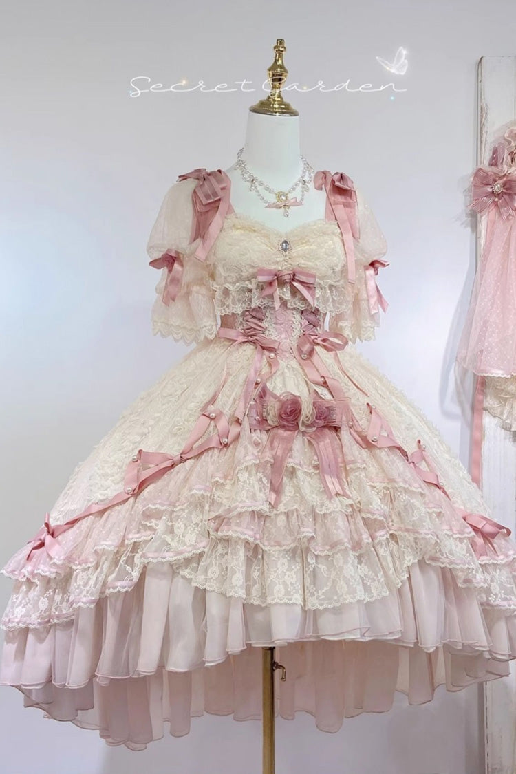 Pink [Diane Rose] Short Sleeves Multi-Layered Jacquard Ruffle Hanayome Cardigan Bowknot Lace Sweet Lolita Dress - Product - 13