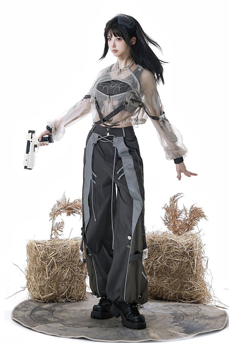 Black [Infinite Battlefield] Long Sleeves Printed Techwear Style Gothic Handsome Ouji Lolita Set - Product - 5