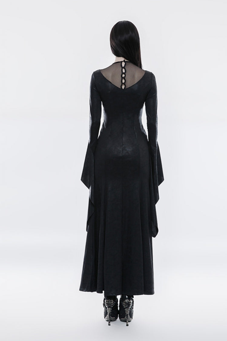 Black Long Trumpet Sleeves Embroidery Women's Gothic Gorgeous Open Forklift High Cross Dress - Product - 3