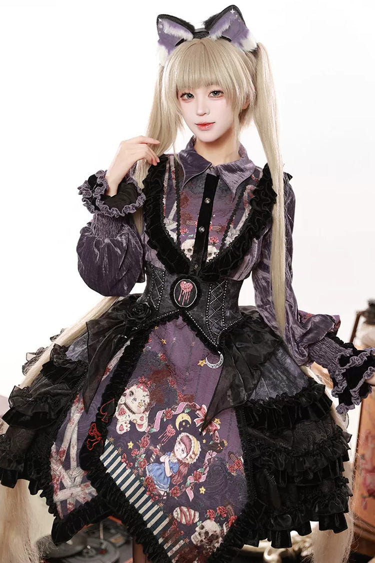 [Werewolf] Fairy Tale Lapel Collar Long Sleeves Printed Ruffled Open-Front Lace Heavy-Detailed Gothic Lolita Skirt Set (Red, Grey, Purple) - Product - 30