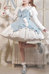 Cute Girl Doll Collar Hair Ball Christmas Princess Sweet Lolita JSK Dress Full Set - Blue - 1