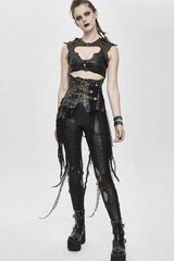 Black Vintage Leather Patchwork Distressed Belted Irregularly Lace Hem Women's Punk Half Skirt - Product - 4