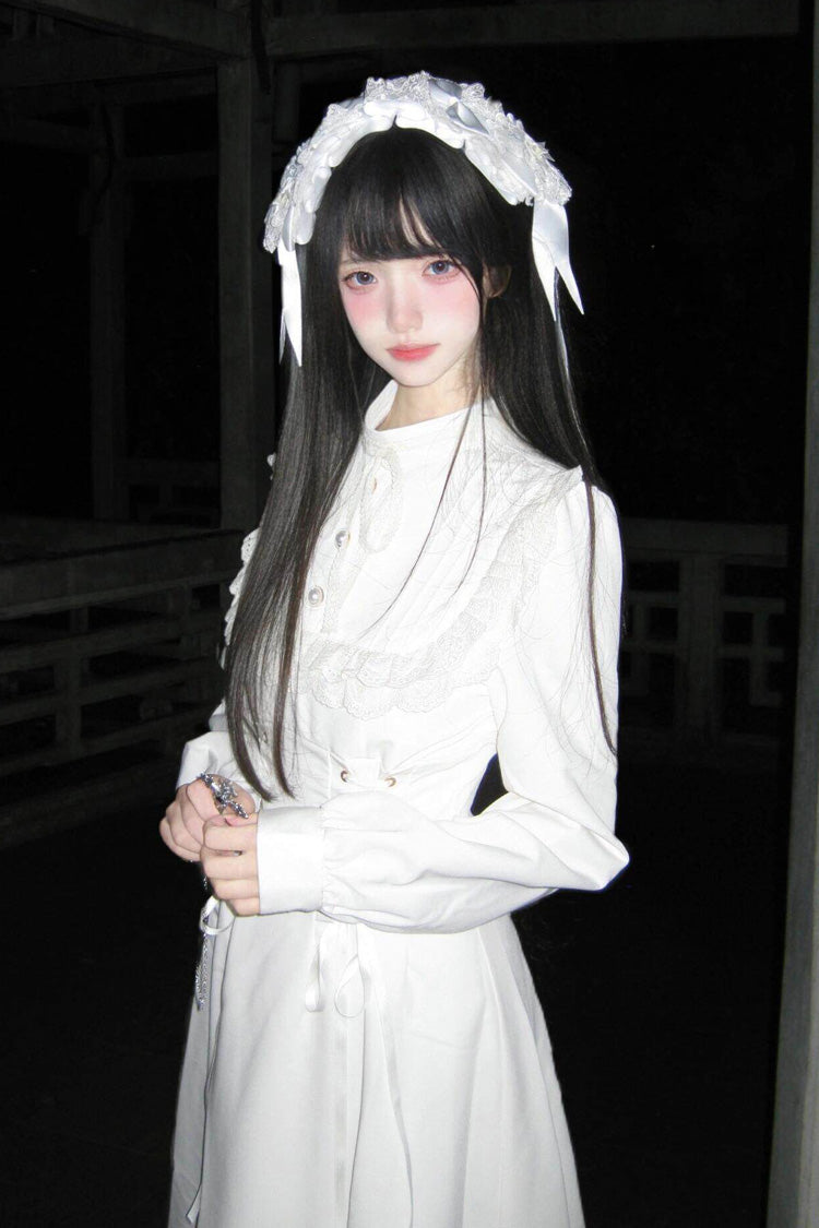 Apricot Stand Collar Long Sleeves Ruffled Lace-Up Mid-length Gothic Lolita Dress - Product - 5