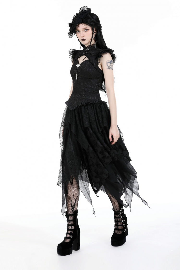Black Women's Gothic Punk Multi-Layered Irregular Handkerchief Hem Lace Skirt - Product - 11