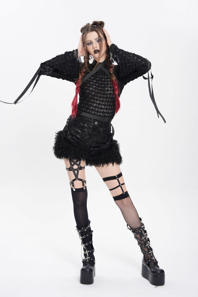 Black Stand Collar Long Sleeves Mesh Buckle Straps Women's Punk Blouse - Product - 15