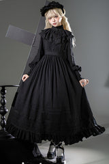 Black [Quiet Place] Long Sleeves Jacquard Ruffle Embroidery Bowknot Gothic Lolita Dress - Black - 1