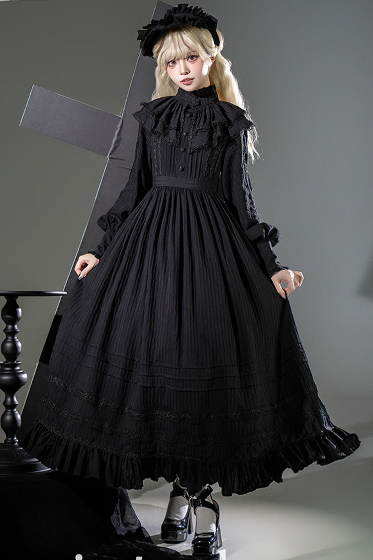 Black [Quiet Place] Long Sleeves Jacquard Ruffle Embroidery Bowknot Gothic Lolita Dress - Black - 1