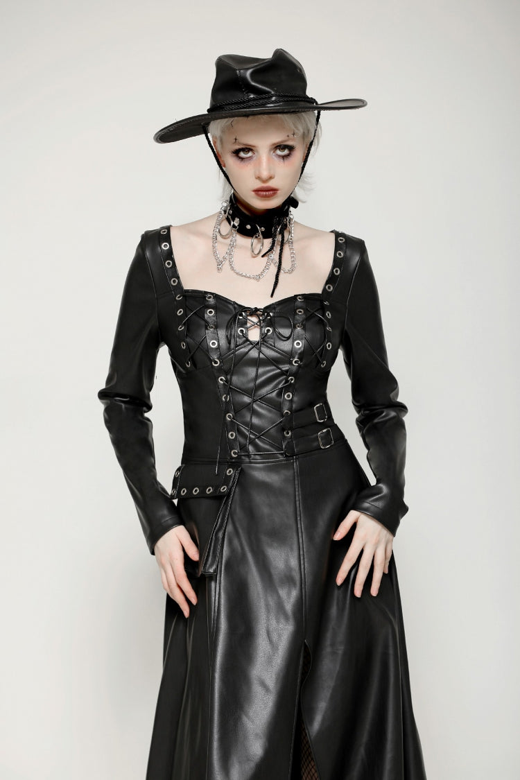 Black Women's Punk Long Sleeves Cut-Out Side Slit Irregular Hem Dress - Product - 2