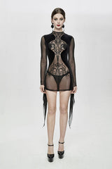 Black Translucent Embroidered Flared Sleeves Sexy Velvet Gothic Womens Dress - Product - 5