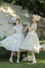 [Breezy Summer Blossoms] Peter Pan Collar Short Sleeves Jacquard Printed Ruffled Embroidered Bow Sweet Lolita Dress 2 Colors (Yellow, Purple) - Product - 6