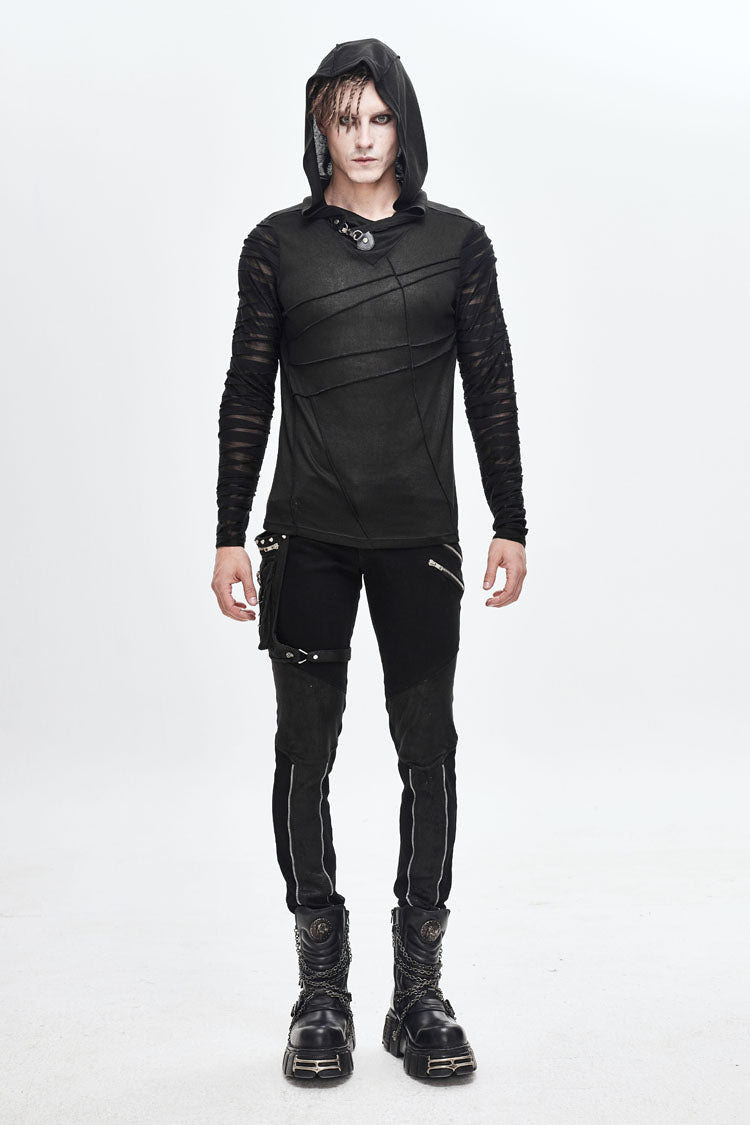 ブラック襟メタルボタン変形ストライプパッチワーク包帯フード付きメンズパンクTシャツ 商品画像